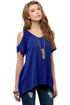 Sexy Blue V Neck Cold Shoulder Swing Top